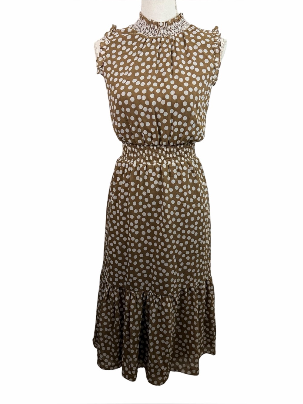 J. Crew | Brown White Polka Dot Smocked Waist Midi Dress New